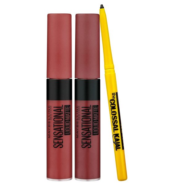 Maybelline New York Lipstick, Sensational Combo Kit - Sensational Liquid Matte Nude Nuance & Made Easy + Colossal Kajal FREE (Pack of 3 Products), 14.35 gm