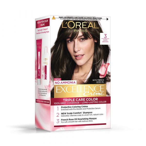 L'Oréal Paris Excellence Creme Hair Color, 3 Dark Brown, 100g+72ml