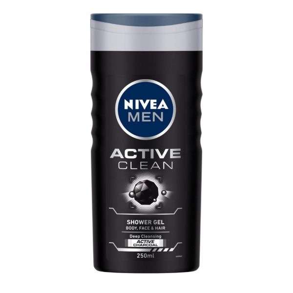 NIVEA Men Body Wash, Active Clean with Active Charcoal, Shower Gel, 250ml